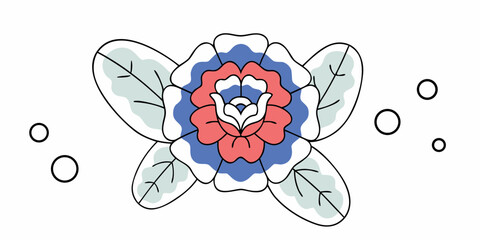Colorful symmetrical flower with layered petals and leaves, outlined in black, evokes cheerful and decorative style