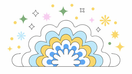 Colorful abstract cloud with layered blue, yellow, and white shapes and surrounding starburst sparkles