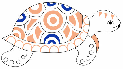 Colorful tribal turtle illustration with geometric pattern, orange and blue accents, and transparency background