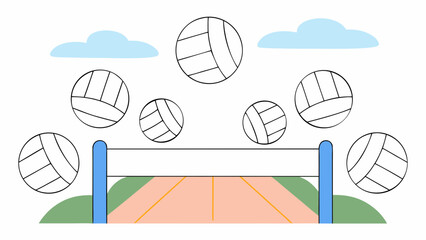 Volleyballs centered in frame white spheres flying over net on outdoor court with blue sky