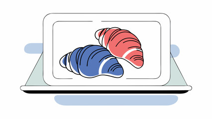Colorful croissant vector illustration on tablet screen, minimal style with red and blue pastry design