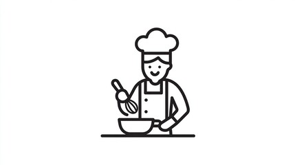 A line-art illustration of a smiling chef, wearing a toque and apron, skillfully whisking ingredients in a bowl on a countertop