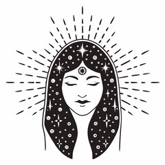 Mystical woman face with cosmic hair, closed eyes, and radiant aura in spiritual celestial style