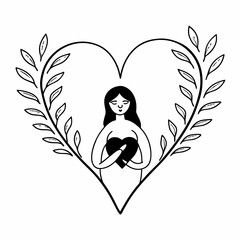 Woman holding heart orb inside leaf frame nurturing love and peace in minimalist black and white style