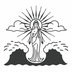Goddess rising from ocean waves with radiant sun and clouds in background, divine and serene expression