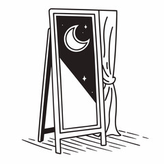Mirror reflecting crescent moon and stars with curtain in minimal black and white style