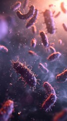 Microscopic image depicts numerous bacteria and viruses floating in a dark space.