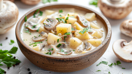Isolated Hubavitsa on white background, showcasing creamy mushroom soup with herbs and vegetables