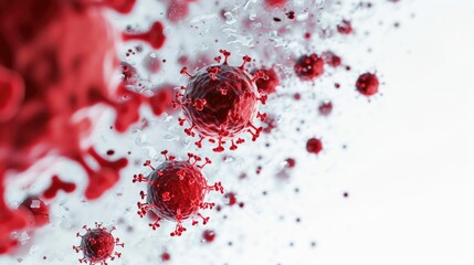 Microscopic View Of Red Corona virus Particles In Fluid on White background