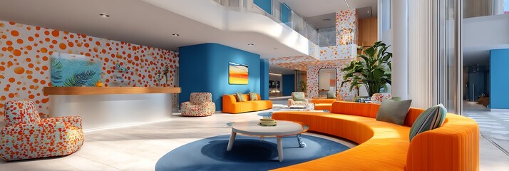 Modern interior with orange dot patterns blue walls and curved furniture