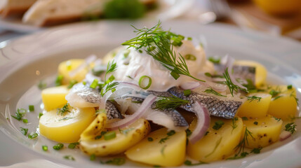Hering salad served with boiled potatoes, sour cream, dill, and onions in a traditional German setting