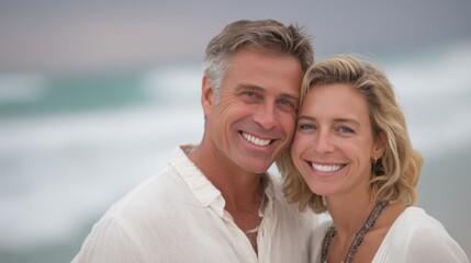 Obraz premium Smiling couple stands close together on a sandy beach, the surf rolling in behind them. Their joy is evident as they embrace the moment, dressed casually for a relaxing day by the ocean.