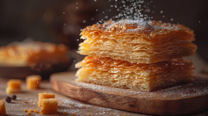 Floating Albanian Flija pieces, layered pastry and savory fillings suspended to show texture