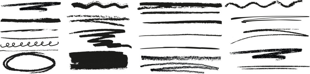 Obraz premium Crayon stroke underline set - hand drawn black grunge line borders, rough edges sketch dividers. Pencil scribble graphic elements for text highlighting, emphasis in design projects.