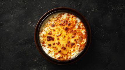 Albanian Tave Kosi on black background, golden top layer and creamy yogurt emphasizing texture