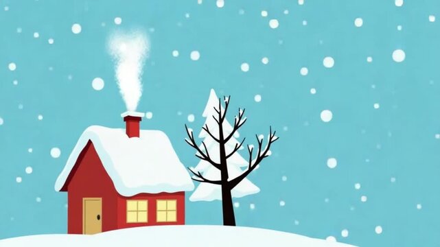 Snowstorm with house and tree animated icon. Motion graphic animation winter themed