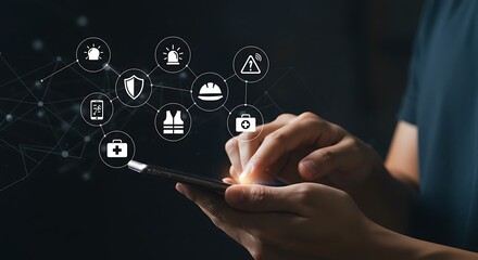 A hand is about to touch a screen displaying a holographic network of safety and security symbols