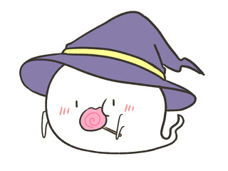 キャンディーを食べる魔女の帽子をかぶるおばけ