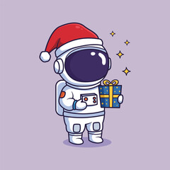 cute Astronaut in Santa Hat with Christmas Gift. vector illustration