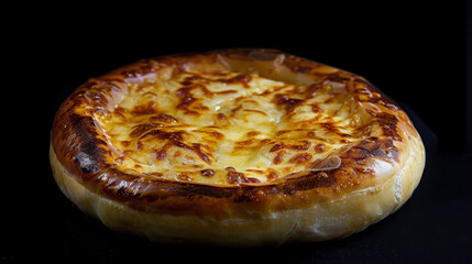 Isolated khachapuri on black background, golden crust and melted cheese in striking contrast