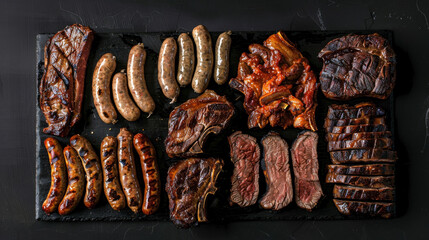Isolated Argentinian Parrillada on black background, grilled meats with charred textures in focus
