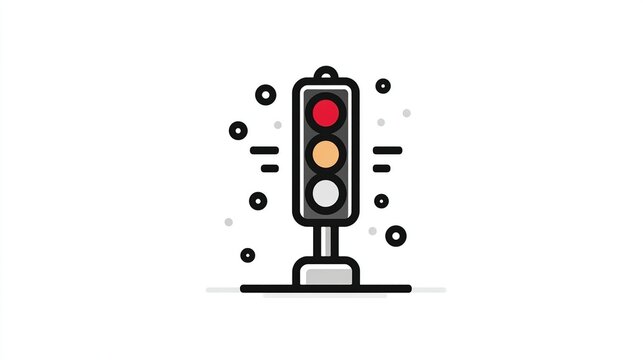 A minimalist illustration of a traffic light displaying amber, red, and white lights, set against a white background with small, scattered circles and motion lines suggesting movement