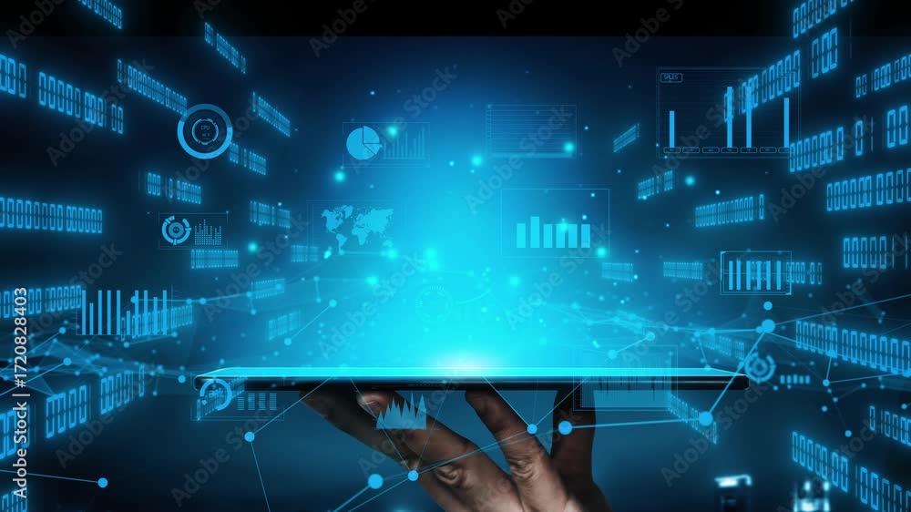 Poster a hand holds a tablet displaying glowing charts and graphs, symbolizing data analysis and technology