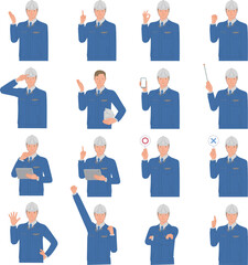 作業服とヘルメットの若い男性のポーズセット