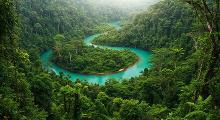 Serene turquoise river winds through lush vibrant emerald rainforest canopy