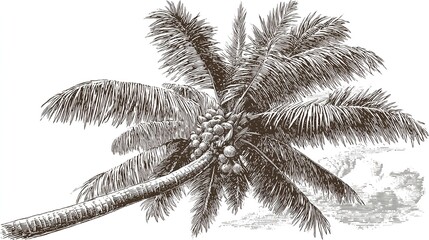 Detailed drawing of a leaning coconut palm tree