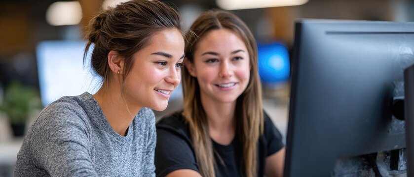 employee intern concept. Two women smiling and collaborating while working on a computer in a modern office setting. - Powered by Adobe