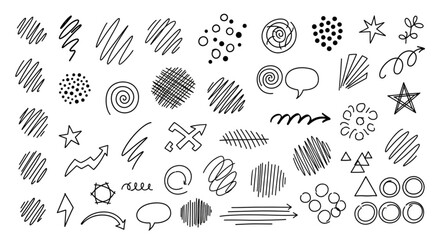 Fototapeta premium Hand-drawn set of doodle elements including scribbles, arrows, stars, and speech bubbles