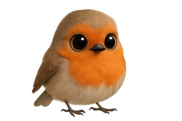 Obraz premium Cute cartoon robin looking directly at camera, friendly animated bird with fluffy feathers and big eyes