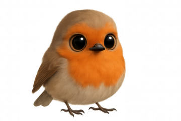 Cute cartoon robin looking directly at camera, friendly animated bird with fluffy feathers and big eyes