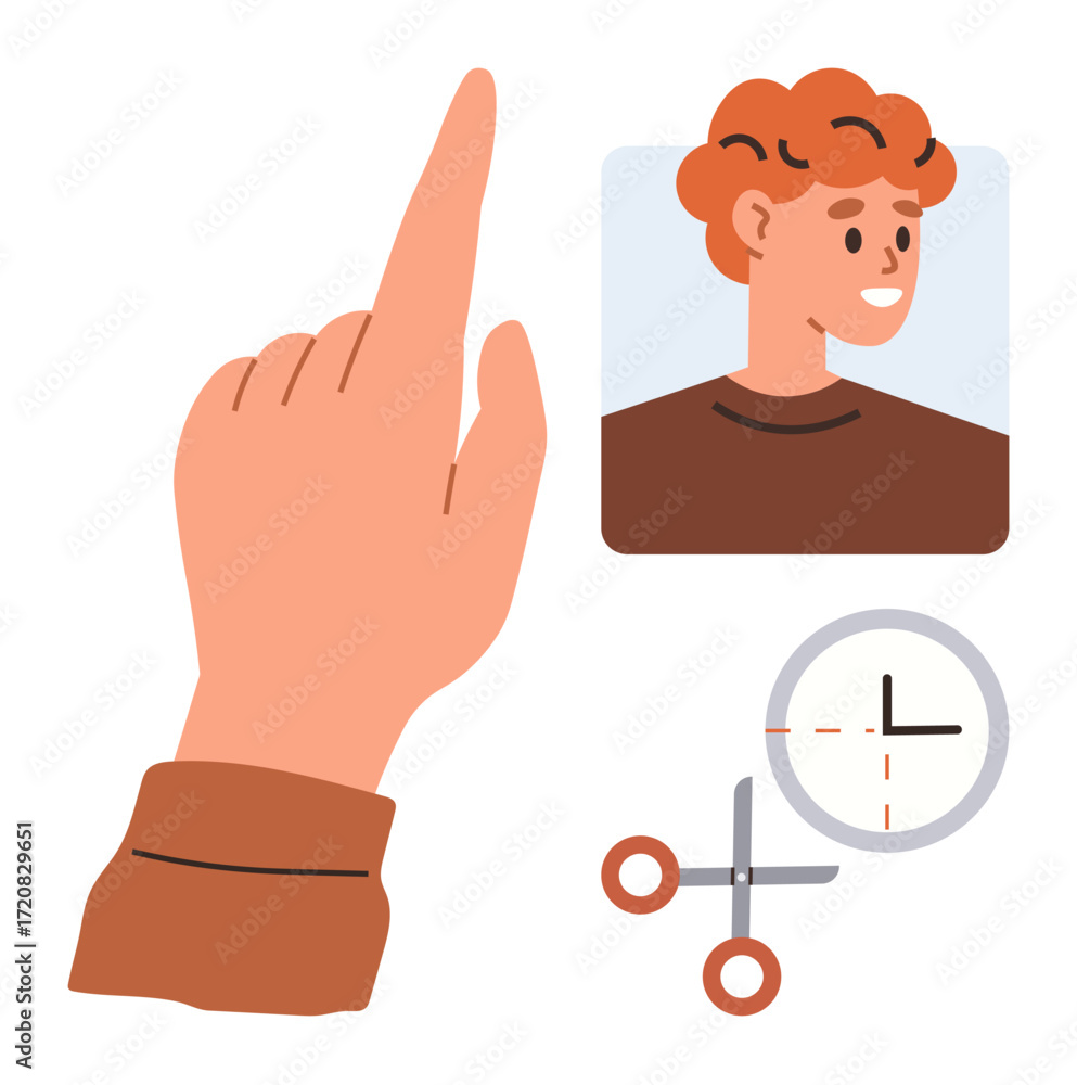 Poster hand pointing near a profile image, clock, and scissors. ideal for time management, scheduling, edit