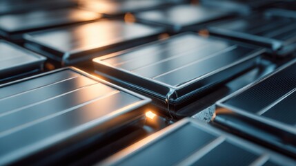 Close-Up of Shiny Solar Panels Reflecting Warm Light, Showcasing Technology and Innovation in Renewable Energy Solutions