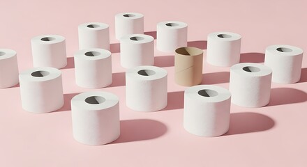 Toilet Paper Crowd Stand Out with Last Empty Roll on Pink Background