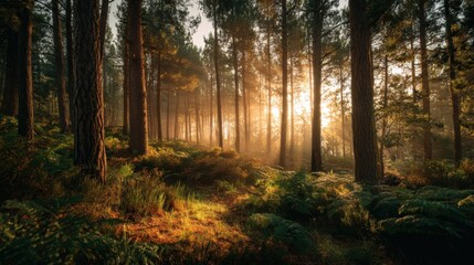 Sunlight gently filters through the dense tree canopy in a tranquil forest, highlighting ferns and underbrush as the day begins. Nature awakens in soothing golden light.