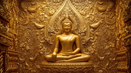 Obraz premium A striking golden Buddha statue sits cross-legged, surrounded by ornate carvings and designs on the walls of a tranquil temple. The golden hues reflect a sense of peace and spirituality.
