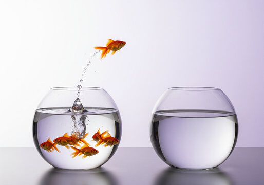A goldfish leaps from a filled fishbowl towards an empty fishbowl, symbolizing change.