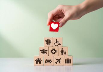 Hand placing heart-shaped block atop pyramid of wooden blocks symbolizing life insurance and protection.