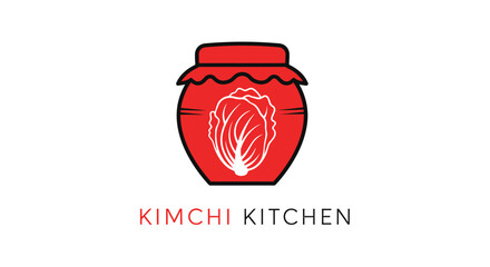 A minimalist logo for 'Kimchi Kitchen' featuring a red fermentation jar with a napa cabbage illustration.