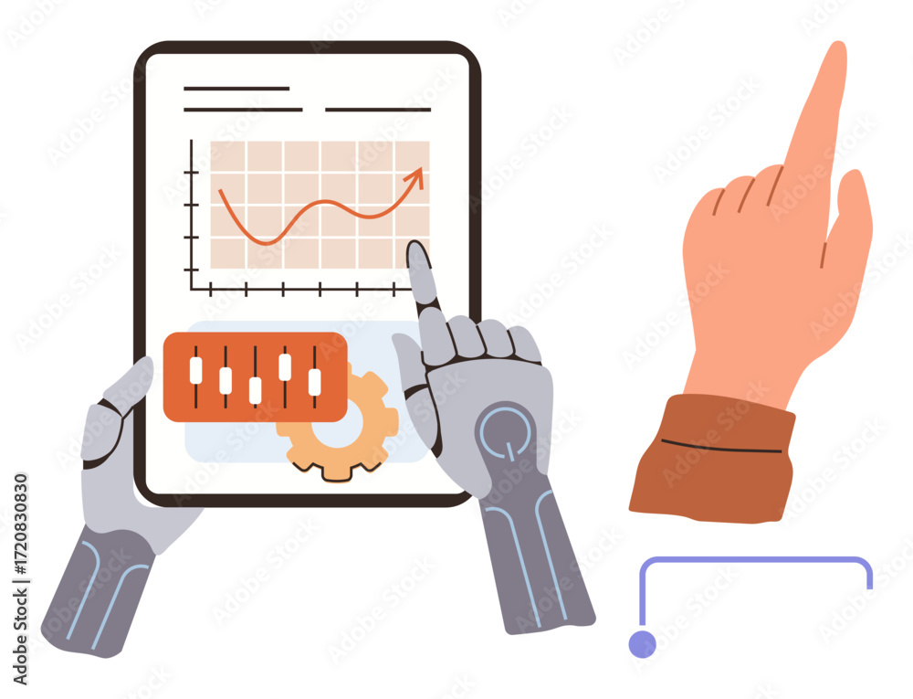 Poster robotic and human hands interact with tablet displaying graphs and control sliders. ideal for techno