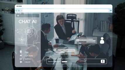 A diverse group of professionals collaborates in a modern office, discussing artificial intelligence and chat applications, showcasing teamwork and innovation. Raster - Powered by Adobe