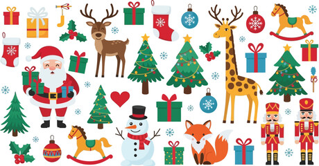 Whimsical Christmas collection with Santa, reindeer, snowman, and festive gifts