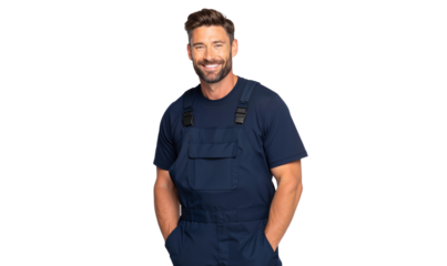 Smiling, confident male worker in blue overalls