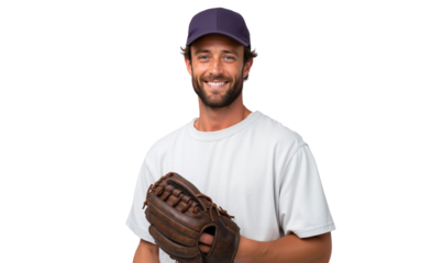 Smiling, handsome baseball player in a cap and glove, ready for the game