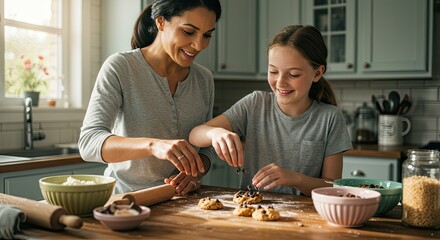 mother and daughter baking cookies in kitchen