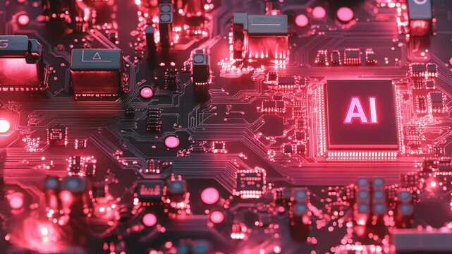 AI chip's pink circuit board with data transmission technology-themed dynamic flashing elements and animated background