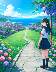 港町を見下ろす丘の上の女子高生
